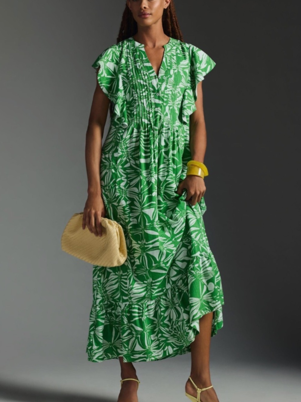 Anthropologie Maeve Cassandra Green and White Leaf-Print Maxi Dress Medium